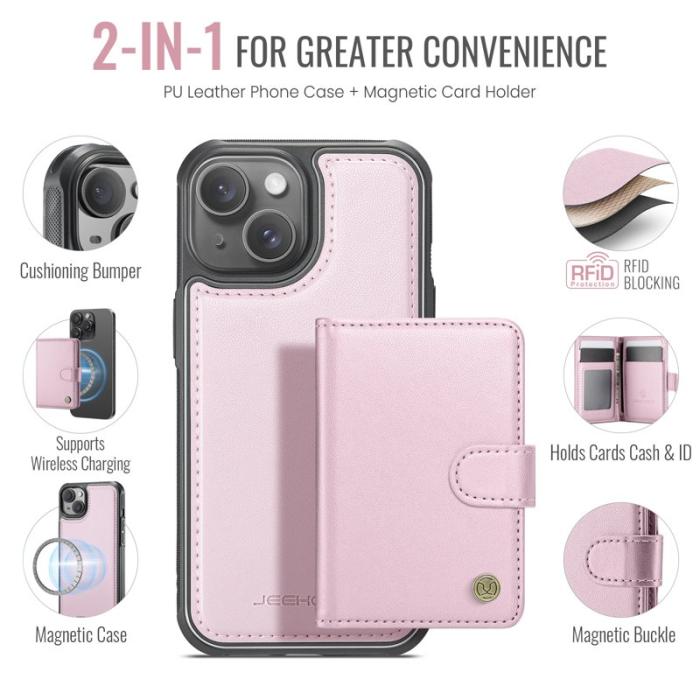 JEEHOOD - JEEHOOD J09 iPhone 15 Skal RFID Blocker Läder MagSafe - Rosa