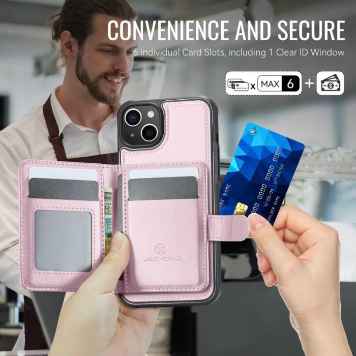 JEEHOOD - JEEHOOD J09 iPhone 15 Skal RFID Blocker Läder MagSafe - Rosa
