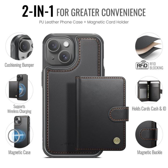 JEEHOOD - JEEHOOD J09 iPhone 15 Skal RFID Blocker Läder Svart