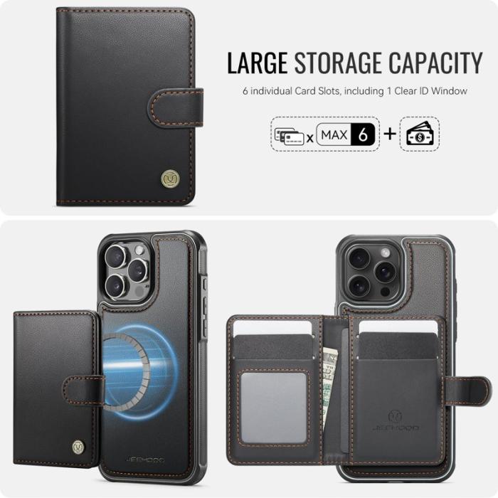 JEEHOOD - JEEHOOD J09 iPhone 16 Pro Fodral Läder Med RFID - Svart