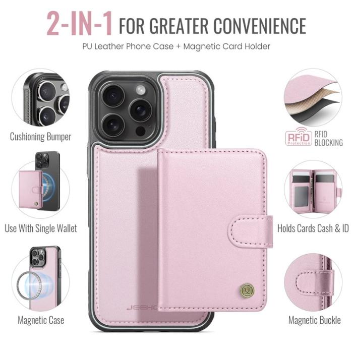 JEEHOOD - JEEHOOD J09 iPhone 16 Pro Skal RFID Läder MagSafe - Rosa