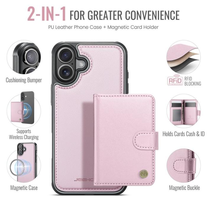 JEEHOOD - JEEHOOD J09 iPhone 16 Skal RFID Skydd Läder MagSafe - Rosa