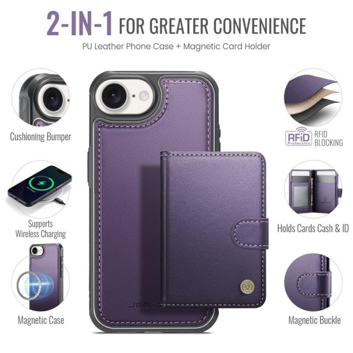 JEEHOOD - JEEHOOD J09 iPhone 16e Skal RFID Låsfunktion Läder Lila