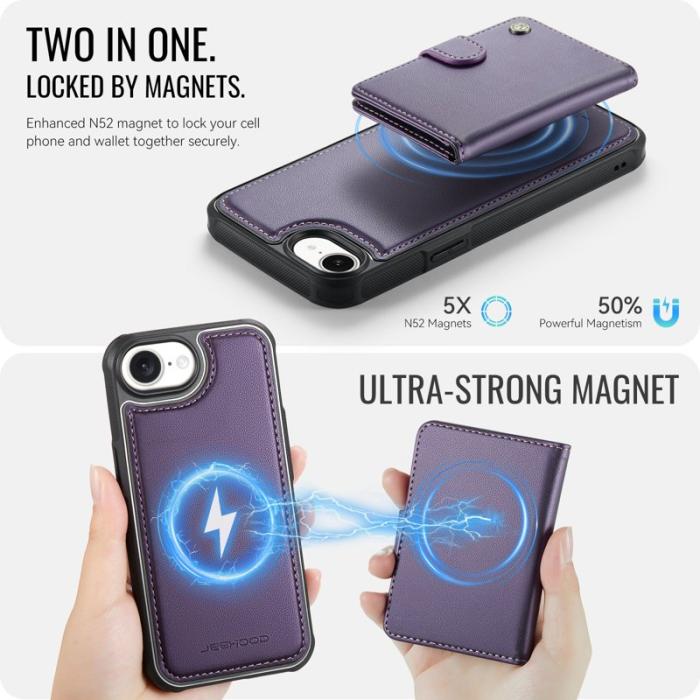JEEHOOD - JEEHOOD J09 iPhone 16e Skal RFID Låsfunktion Läder Lila