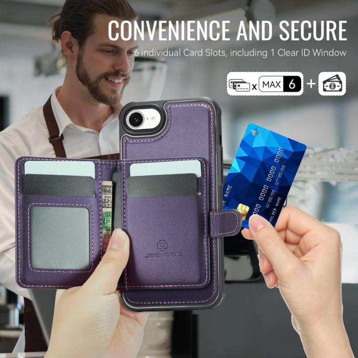 JEEHOOD - JEEHOOD J09 iPhone 16e Skal RFID Låsfunktion Läder Lila