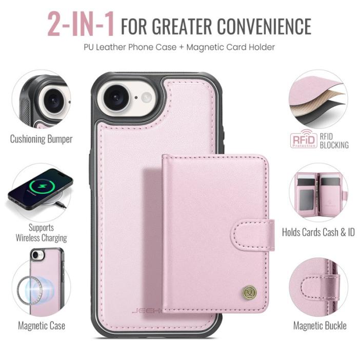 JEEHOOD - JEEHOOD J09 iPhone 16e Skal RFID Skydd Läder MagSafe - Rosa