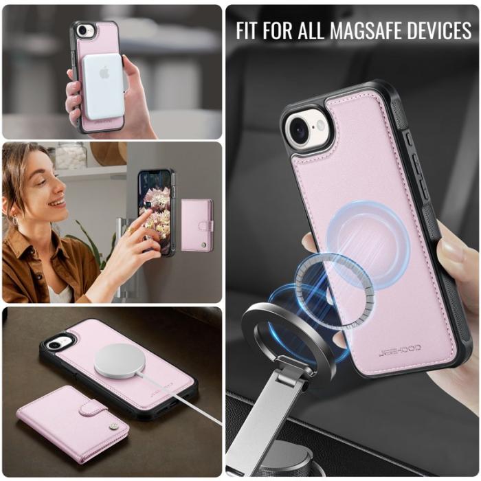JEEHOOD - JEEHOOD J09 iPhone 16e Skal RFID Skydd Läder MagSafe - Rosa