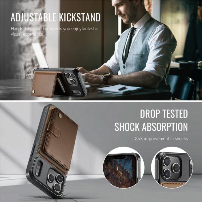 JEEHOOD - JEEHOOD J09 iPhone 17 Pro Skal RFID Låsfunktion Läder Brun