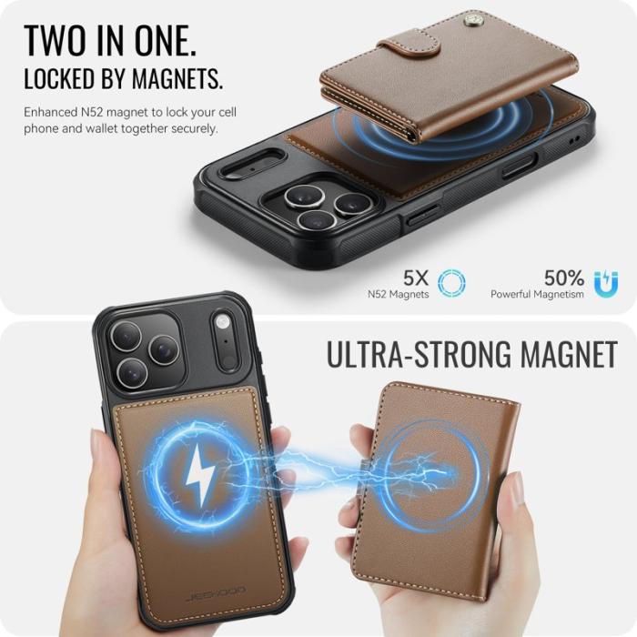 JEEHOOD - JEEHOOD J09 iPhone 17 Pro Skal RFID Låsfunktion Läder Brun