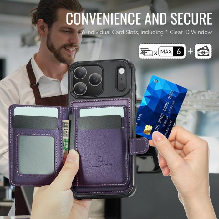 JEEHOOD - JEEHOOD J09 iPhone 17 Pro Skal RFID Låsfunktion Läder Lila