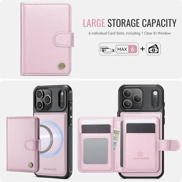 JEEHOOD - JEEHOOD J09 iPhone 17 Pro Skal RFID Låsfunktion Läder Rosa