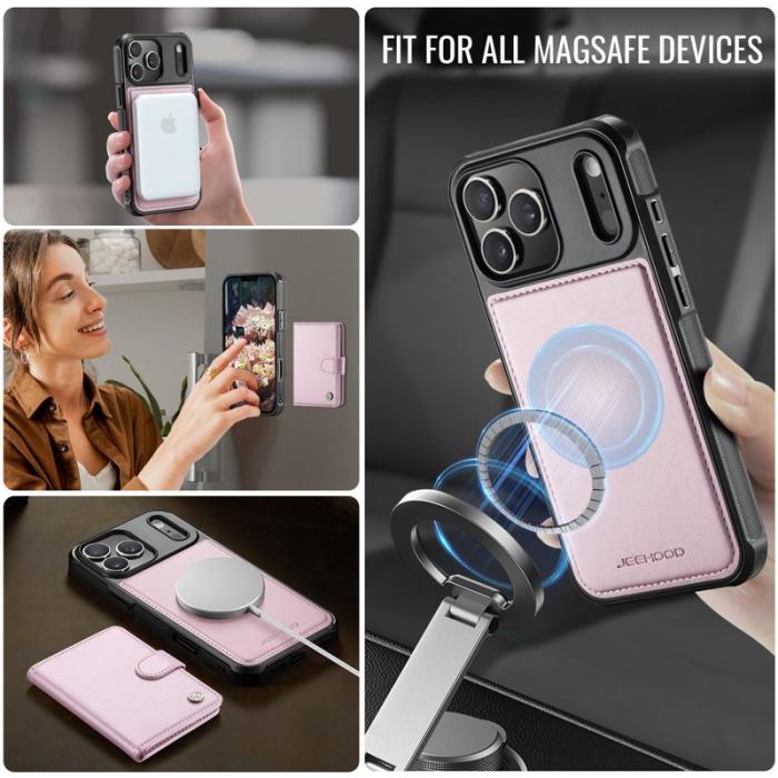 JEEHOOD - JEEHOOD J09 iPhone 17 Pro Skal RFID Låsfunktion Läder Rosa