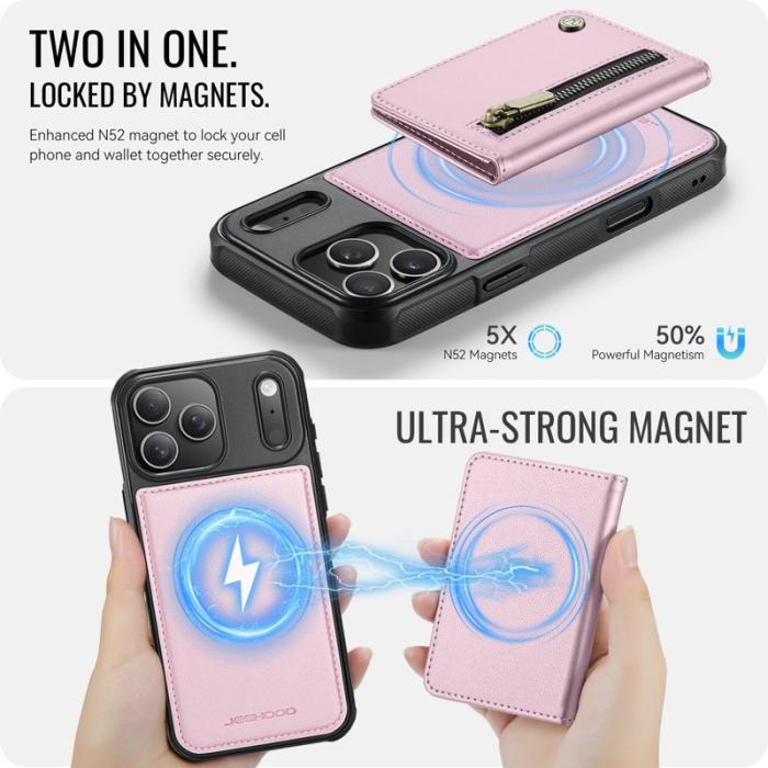 JEEHOOD - JEEHOOD J12 iPhone 17 Pro Max Skal Magnetisk Läder Rosa