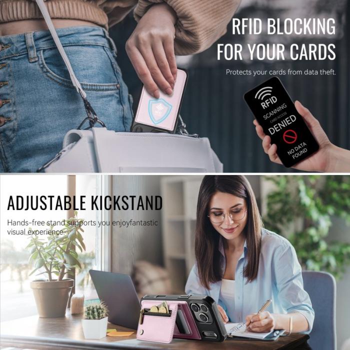 JEEHOOD - JEEHOOD J12 iPhone 17 Pro Skal Magnetiskt Fodral Läder Rosa