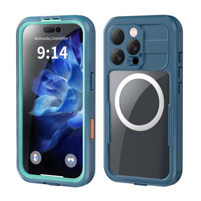 SHELLBOX - SHELLBOX iPhone 16 Pro Fodral IP68 Vattentåligt Klar Blå+Cyan