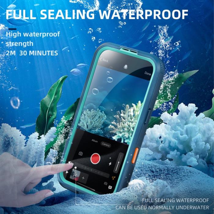 SHELLBOX - SHELLBOX iPhone 16 Pro Fodral IP68 Vattentåligt Klar Blå+Cyan