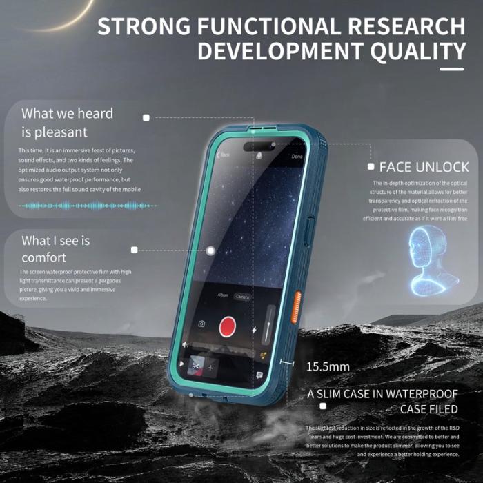 SHELLBOX - SHELLBOX iPhone 16 Pro Fodral IP68 Vattentåligt Klar Blå+Cyan