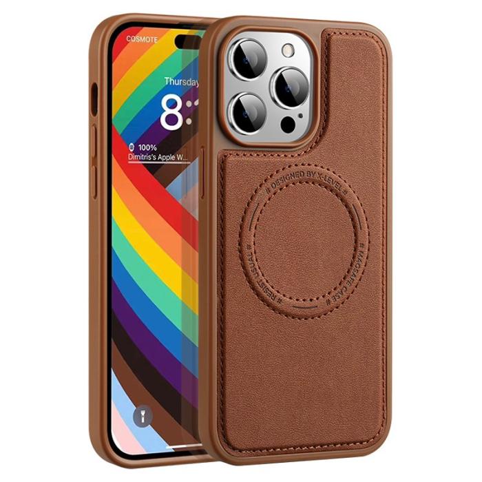 X-Level - X-LEVEL iPhone 15 Pro Skal PU Läder TPU+PC Anti-Scratch Brun