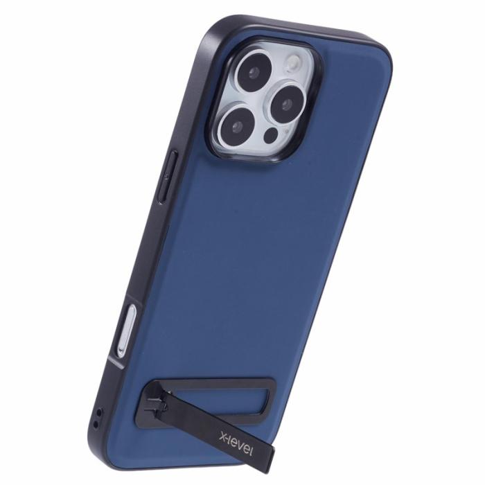 X-Level - X-LEVEL iPhone 16 Pro Fodral Läderbelagd TPU Med Ställ - Blå