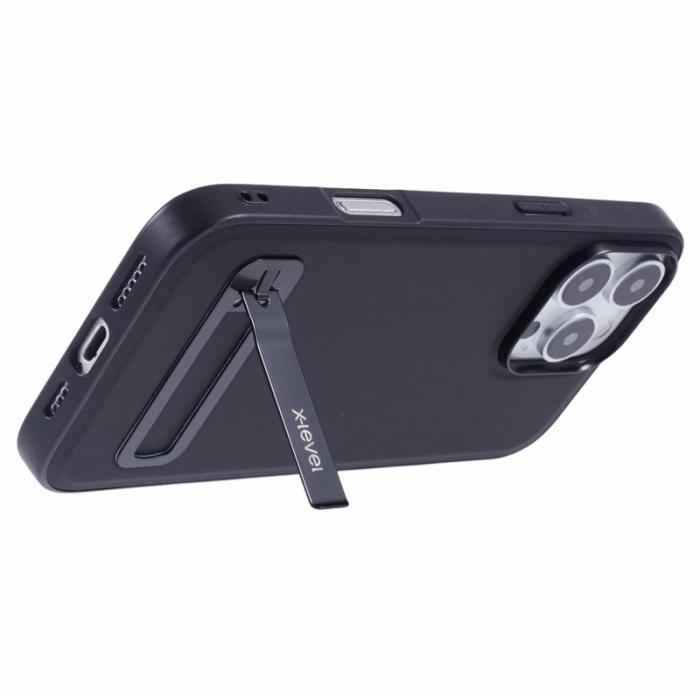 X-Level - X-LEVEL iPhone 16 Pro Fodral Läderbelagd TPU Med Ställ - Svart