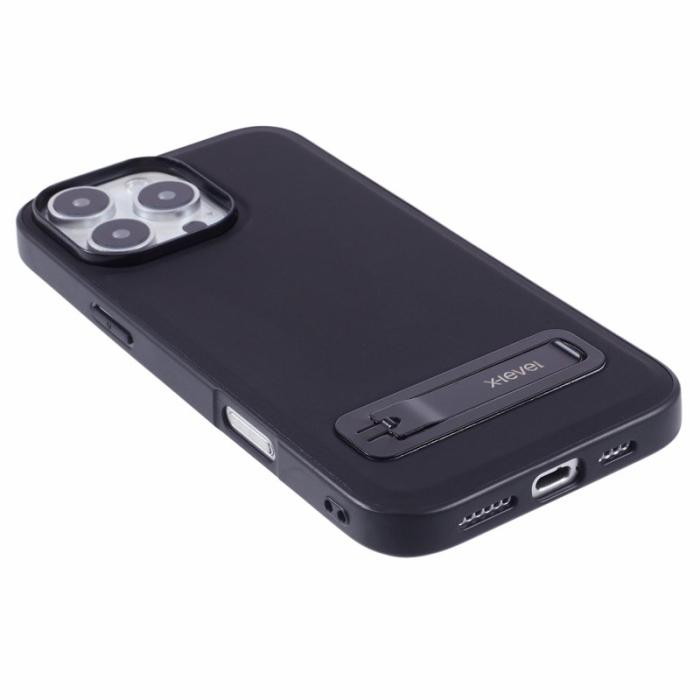 X-Level - X-LEVEL iPhone 16 Pro Fodral Läderbelagd TPU Med Ställ - Svart