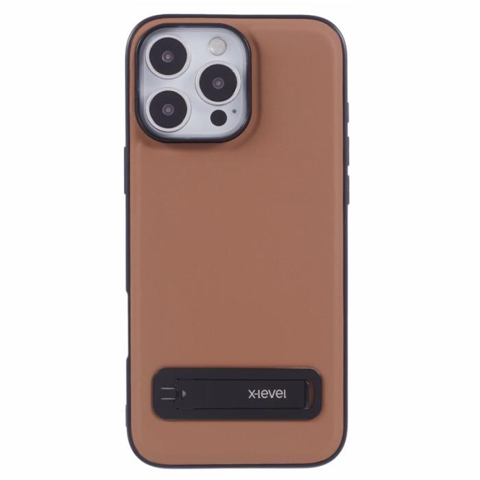 X-Level - X-LEVEL iPhone 16 Pro Fodral Läderbelagt TPU Med Ställ - Brun