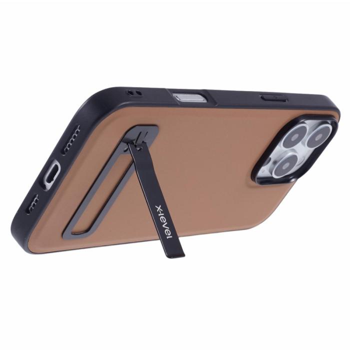 X-Level - X-LEVEL iPhone 16 Pro Fodral Läderbelagt TPU Med Ställ - Brun