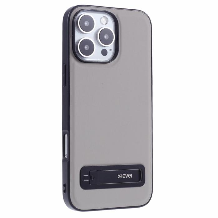 X-Level - X-LEVEL iPhone 16 Pro Fodral Läderbelagt TPU Med Ställ - Grå
