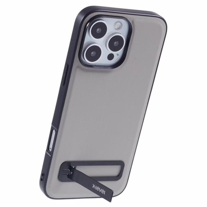 X-Level - X-LEVEL iPhone 16 Pro Fodral Läderbelagt TPU Med Ställ - Grå