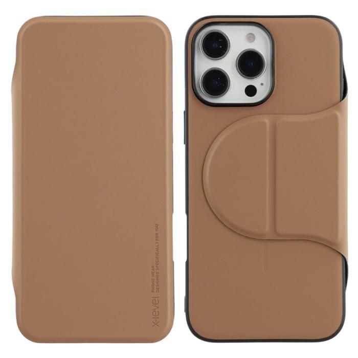 X-Level - X-LEVEL iPhone 16 Pro Max Fodral Läder Flip Ställ Desert Gold