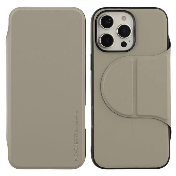 X-Level - X-LEVEL iPhone 16 Pro Max Fodral Läder Flip Ställ Grey