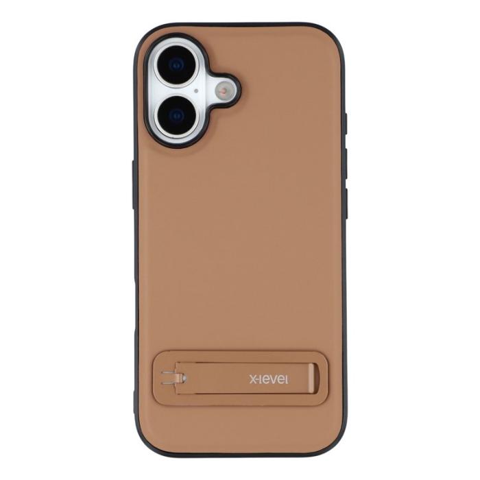 X-Level - X-LEVEL iPhone 17 Skal Läderbelagt TPU med Ställ - Brun