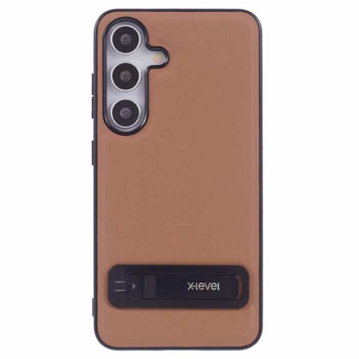 X-Level - X-LEVEL Samsung Galaxy S25 Skal Läderbelagt TPU med Ställ - Brun