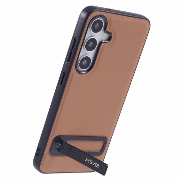 X-Level - X-LEVEL Samsung Galaxy S25 Skal Läderbelagt TPU med Ställ - Brun