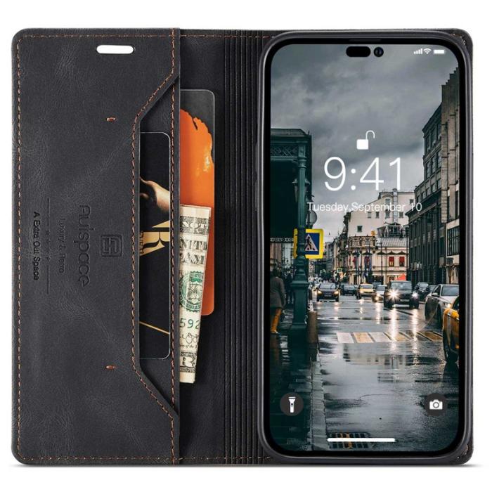 AUTSPACE - AUTSPACE A01 iPhone 14 Pro Fodral Retro Matte PU Läder - Svart