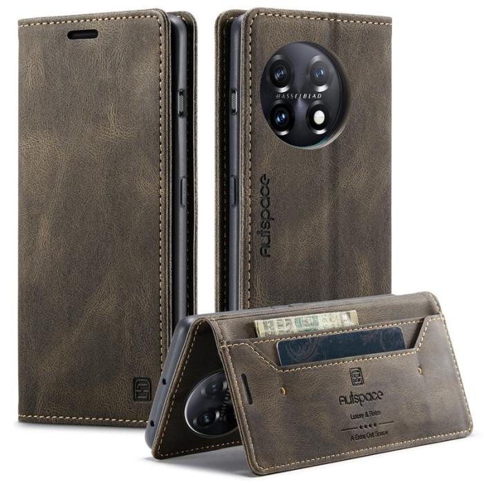 AUTSPACE - AUTSPACE A01 Wallet Fodral för OnePlus 11 5G - Äkta läder - Kaffe