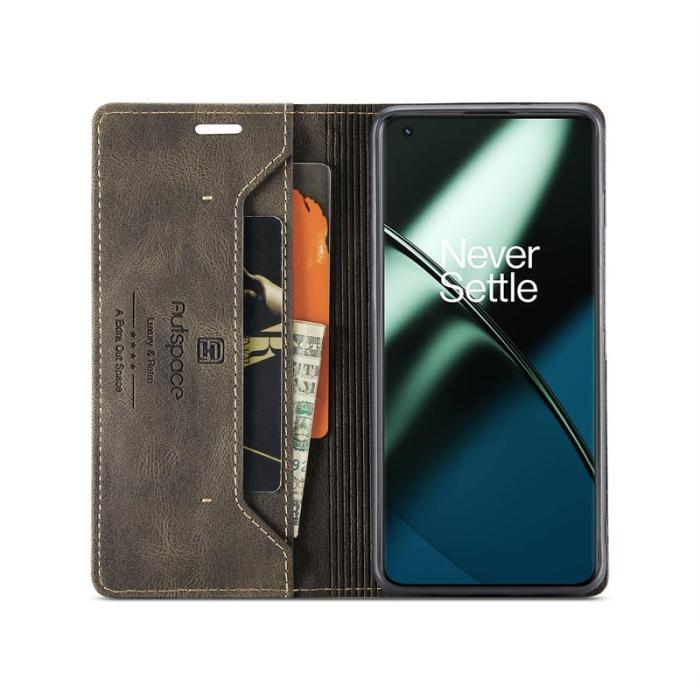 AUTSPACE - AUTSPACE A01 Wallet Fodral för OnePlus 11 5G - Äkta läder - Kaffe