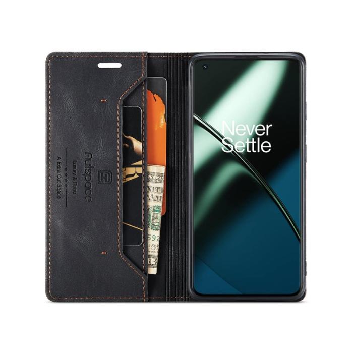 AUTSPACE - AUTSPACE A01 Wallet Fodral för OnePlus 11 5G - Äkta läder - Svart