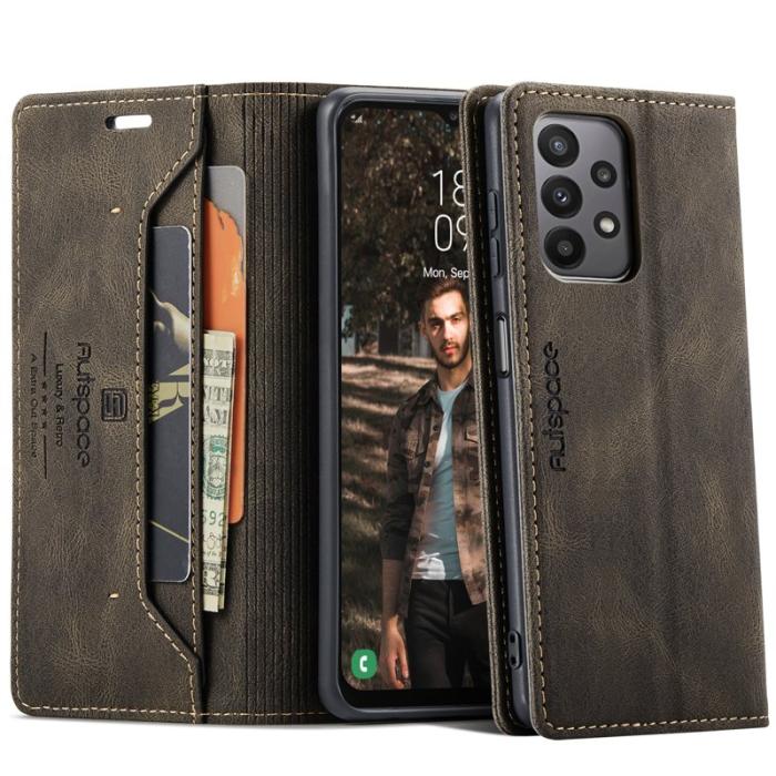 AUTSPACE - AUTSPACE A01 Wallet Fodral för Samsung Galaxy M23 5G - Äkta läder - Kaffe