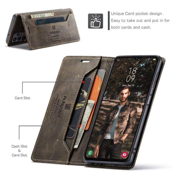 AUTSPACE - AUTSPACE A01 Wallet Fodral för Samsung Galaxy M23 5G - Äkta läder - Kaffe