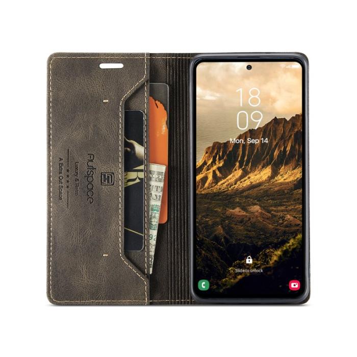 AUTSPACE - AUTSPACE A01 Wallet Fodral för Samsung Galaxy S25+ - Äkta läder - Kaffe