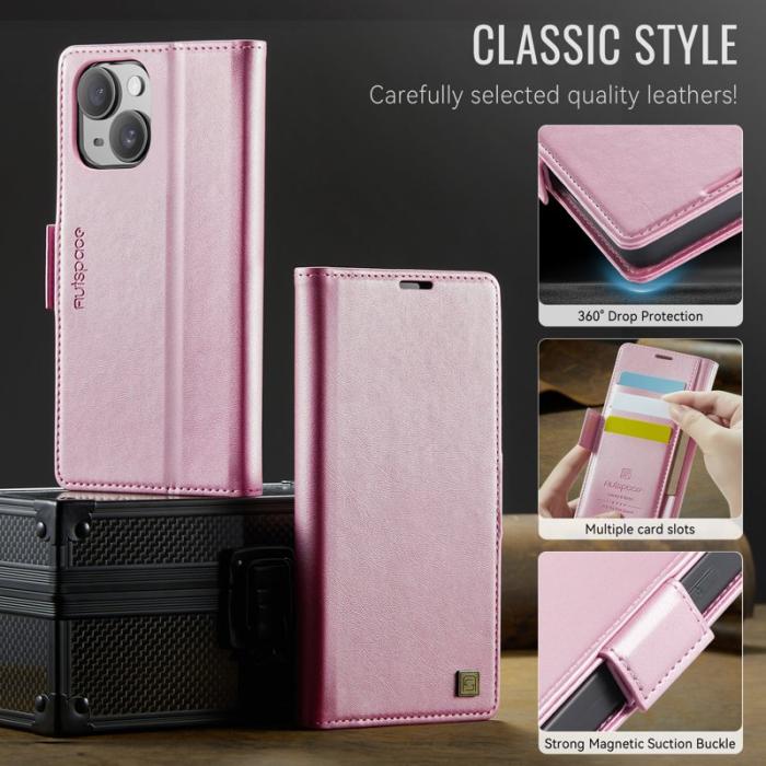AUTSPACE - AUTSPACE iPhone 15 Fodral Retro Läder - RFID Blocker - Rosa