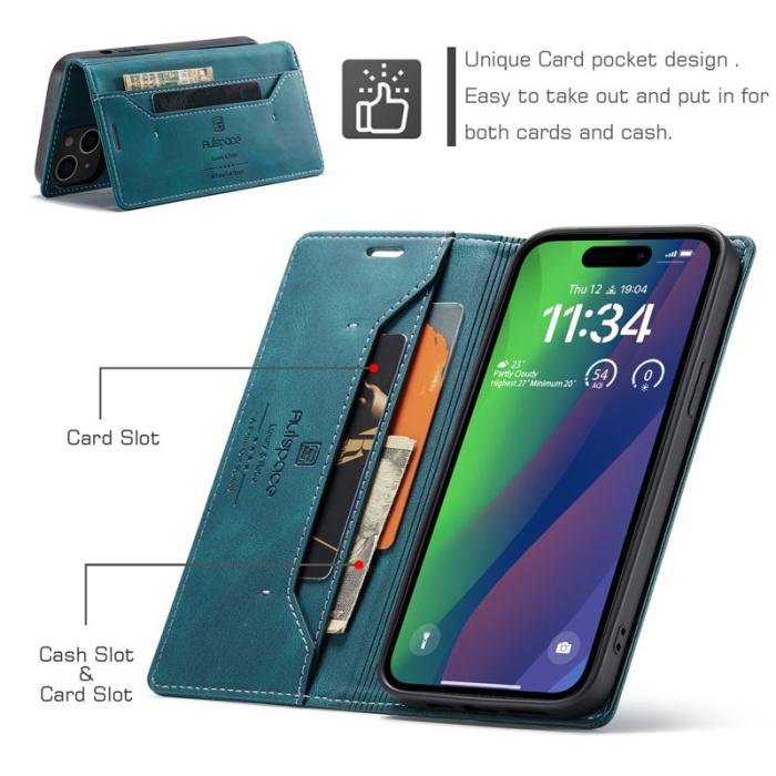 AUTSPACE - AUTSPACE iPhone 15 Plus Wallet Fodral Äkta läder - Blå