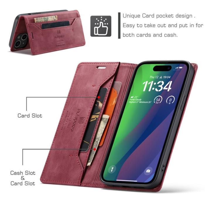 AUTSPACE - AUTSPACE iPhone 15 Plus Wallet Fodral Äkta läder - Röd