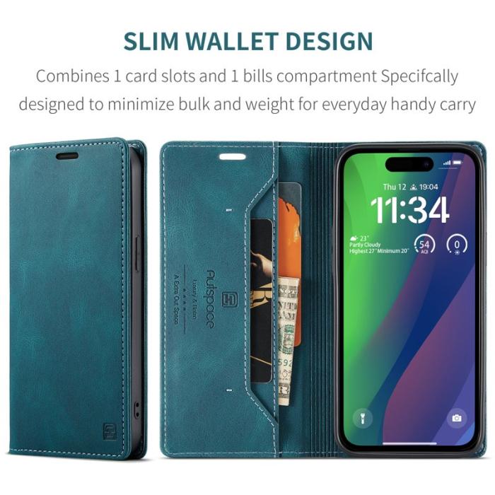 AUTSPACE - AUTSPACE iPhone 15 Wallet Fodral Äkta läder - Blå