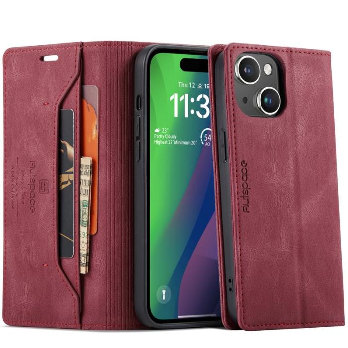 AUTSPACE - AUTSPACE iPhone 15 Wallet Fodral Äkta läder - Röd