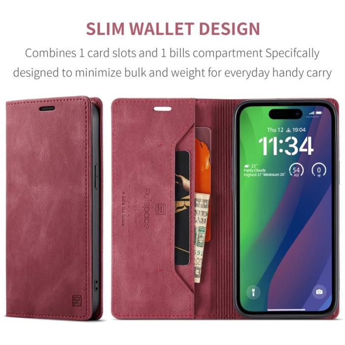 AUTSPACE - AUTSPACE iPhone 15 Wallet Fodral Äkta läder - Röd