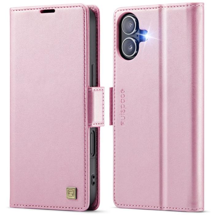 AUTSPACE - AUTSPACE iPhone 16 Fodral Retro Läder - Pink - RFID Blocking