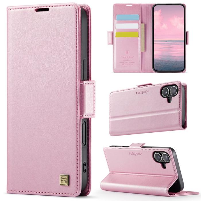 AUTSPACE - AUTSPACE iPhone 16 Fodral Retro Läder - Pink - RFID Blocking
