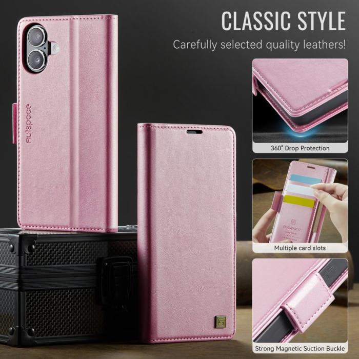 AUTSPACE - AUTSPACE iPhone 16 Fodral Retro Läder - Pink - RFID Blocking